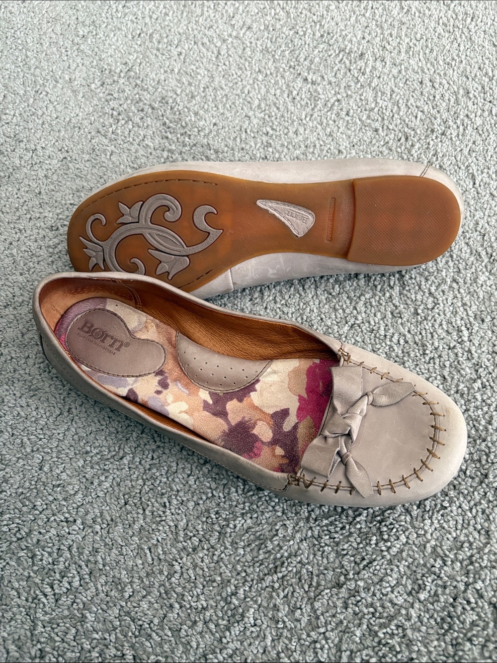 Born Women’s Light Gray Leather Slip-On Moccasins with Bow